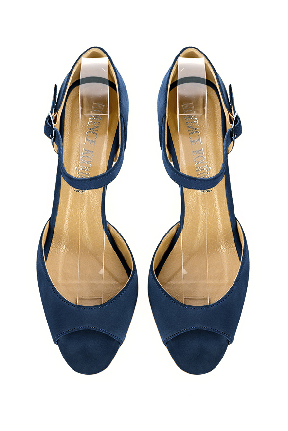 Navy blue women's closed back sandals, with an instep strap. Square toe. Medium block heels. Top view - Florence KOOIJMAN
